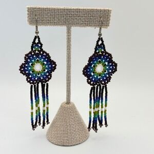 Beaded Dangle Drop Earrings Seed Bead Black Blue Green Boho Handmade